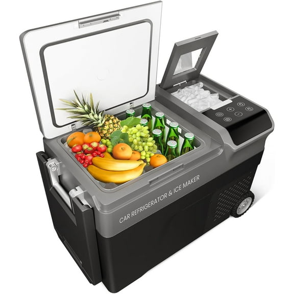 12V Car Refrigerator with Ice Maker, 40QT Car Fridge with Wheels, Compressor Car Cooler Freezer, Dual Zone Portable Refrigerator for Camping,Travel,Outdoor,Home, 12/24V DC 110-240V AC