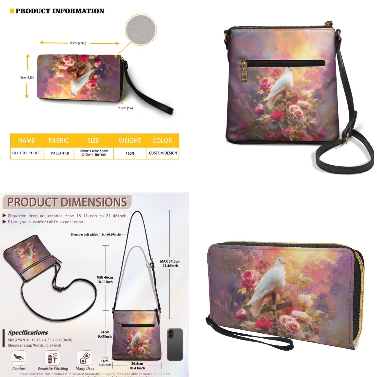 ZUXONGSY White Dove Cross Rosette Print Stylish PU Leather Crossbody Purse & Wallet Set for Women, Large Satchel Handbag with Adjustable Strap for Travel & Work for Daily Use