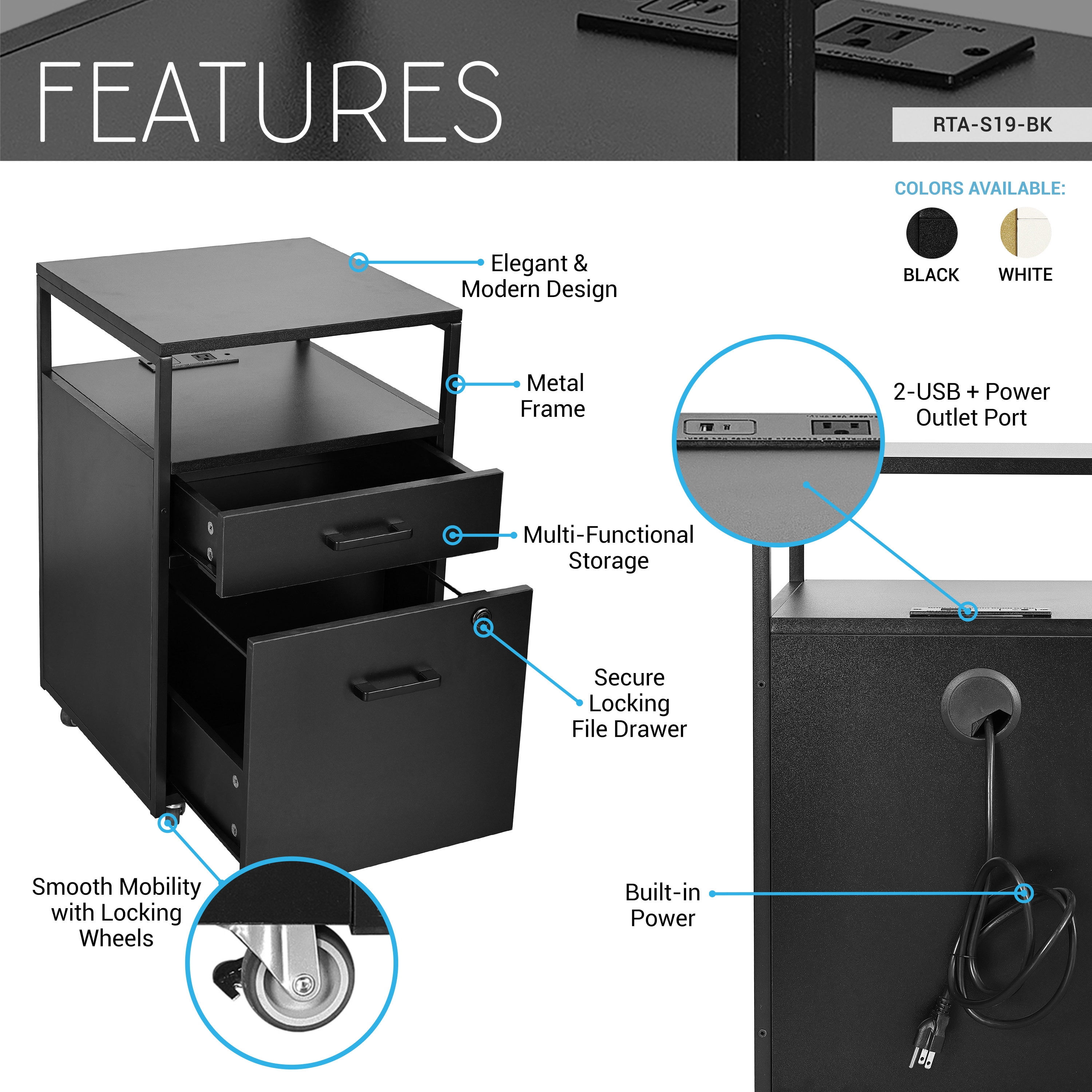 Modern 2-Drawer Rolling File Cabinet with Lock, 2 USB Ports and Power Outlet for Device Charging, Portable File Organizer or Printer Stand for Office or Home with Locking Wheels, Black