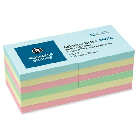 Business Source 3" Plain Pastel Colors Adhesive Notes - 100 - 3" x 3" - Square - Assorted - Repositionable, Solvent-free Adhesive - 12 / Pack