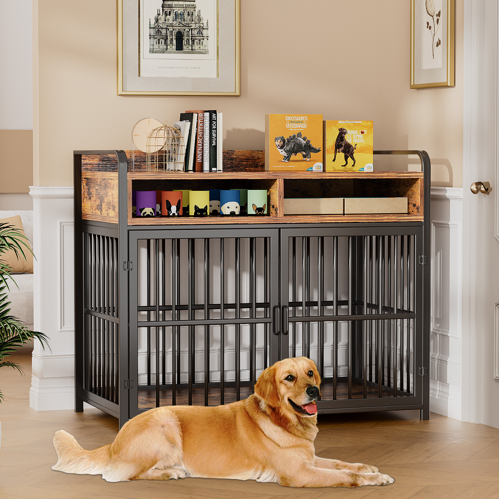 ModFurne Large Dog Crate Furniture with Drawers Storage, Puppy Dog Kennel Indoor with Double Doors, Brown