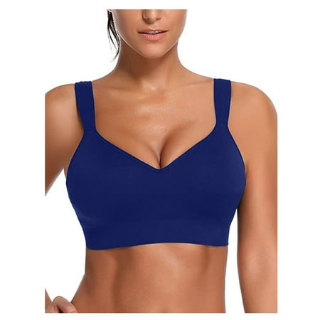 IROINNID On Sale Sports Bras for Women Seamless Bra V-Neck Solid Comfort Sports Yoga Top Traceless Camisole Underwear Bra Blue