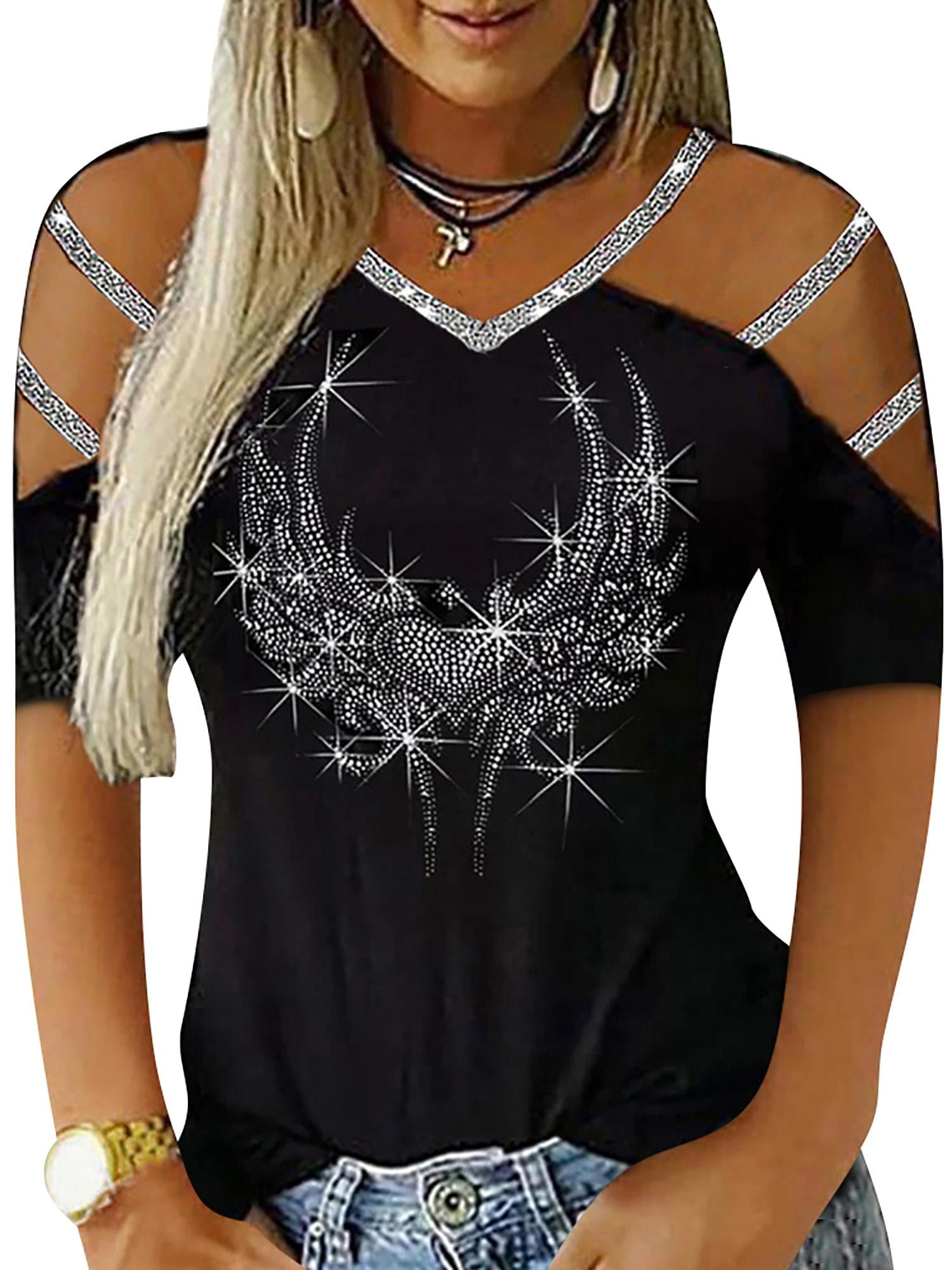 Gvmfive Women Blouses Rhinestone Short Sleeve Cold Shoulder Tunic Tops