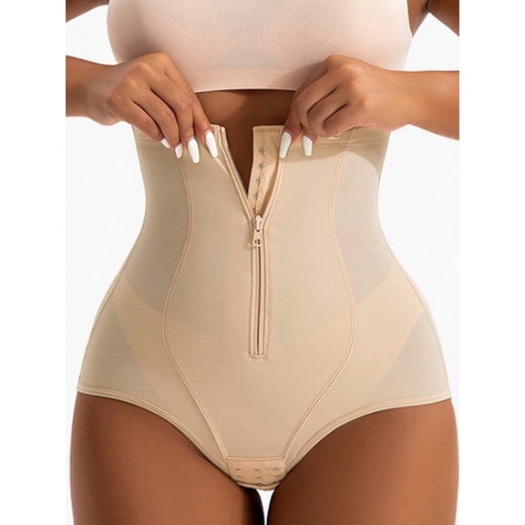 Beige High-Waisted Zipper Front Shaping Panties With Firm Control