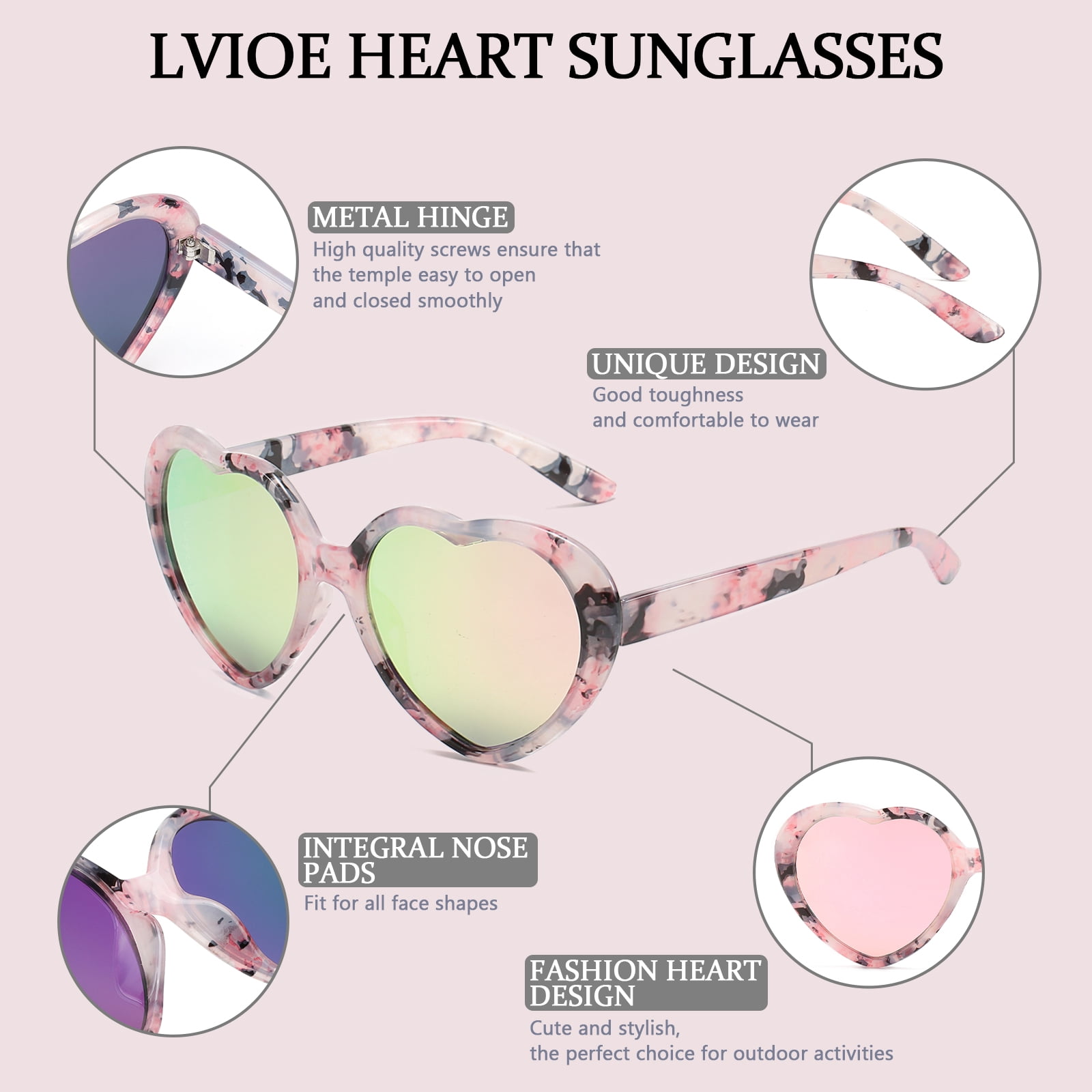 LVIOE Heart Sunglasses for Women, Polarized Heart Shaped Sunglasses with UV Protection Heart Style Retro Glasses for Shopping