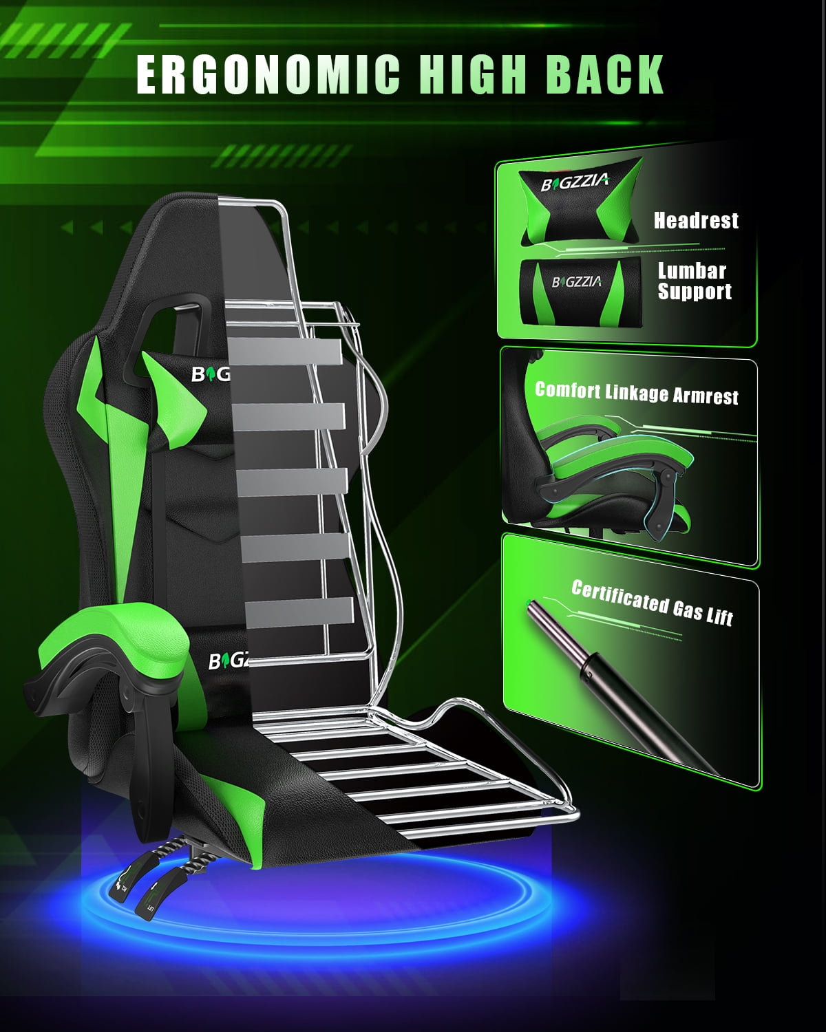 Bigzzia Gaming Chair with LED Lights, Computer Chair with Lumbar Support, Ergonomic High Back Video Game Chair with Swivel Seat and Headrest, Green