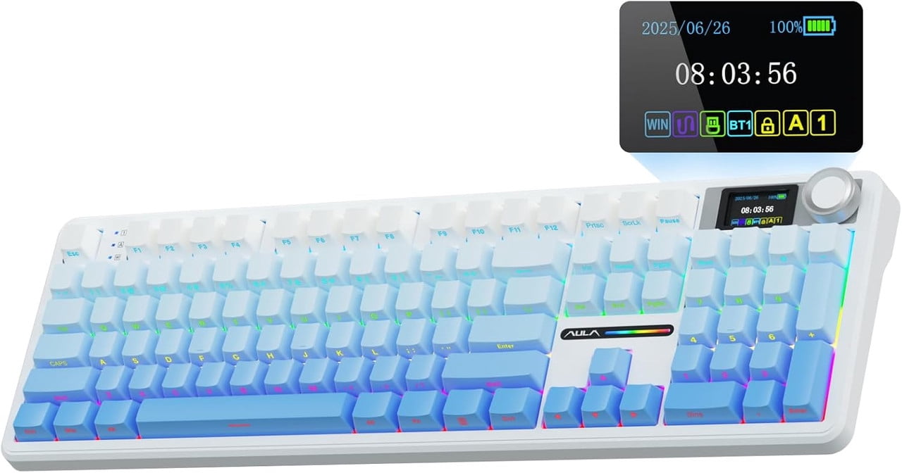 Restored AULA F108 PRO - Wireless Mechanical Keyboard with Screen&Knob,Hot Swappable Gaming Keyboard with 8000mAh Battery,Pre-lubed Switches,RGB Backlit,PBT Keycaps Creamy Sounding Computer Keyboards (Refurbished)