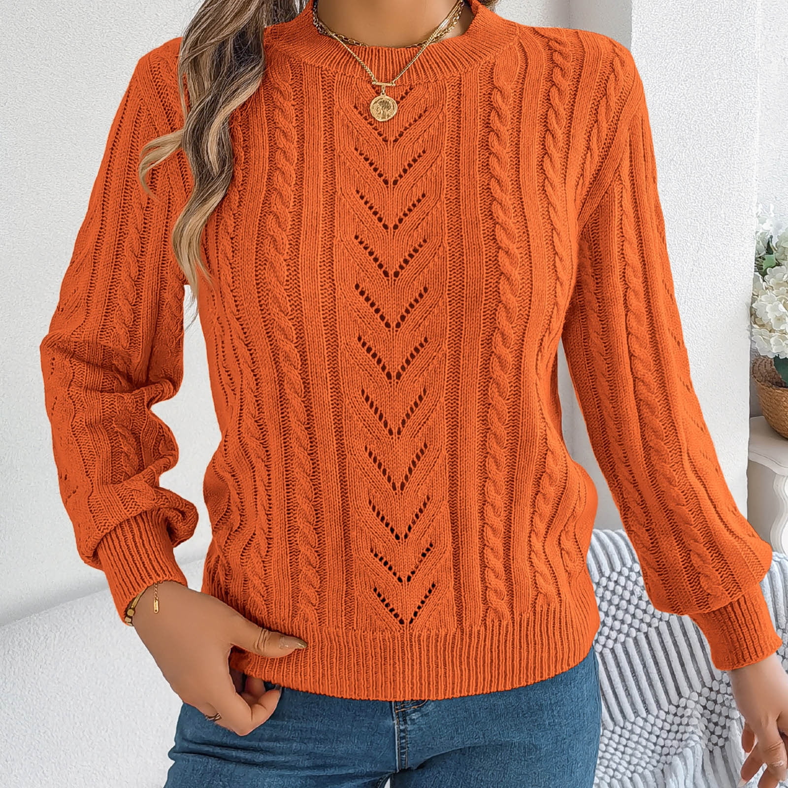 Ahdbta Pullover Sweaters for Women Mock Neck Long Sleeve Hollow Out Sweaters Casual Warm Solid Color Cable Knitted Tops