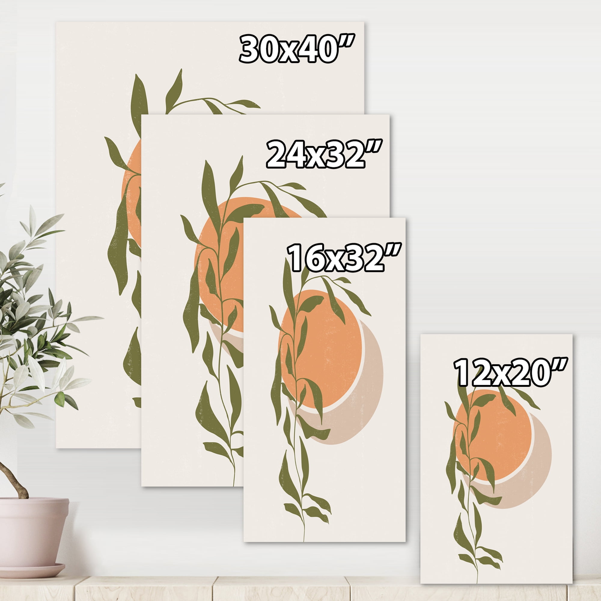 Designart ' Abstract Orange Moon and Sun With Tropical Leaf ' Modern Canvas Wall Art Print