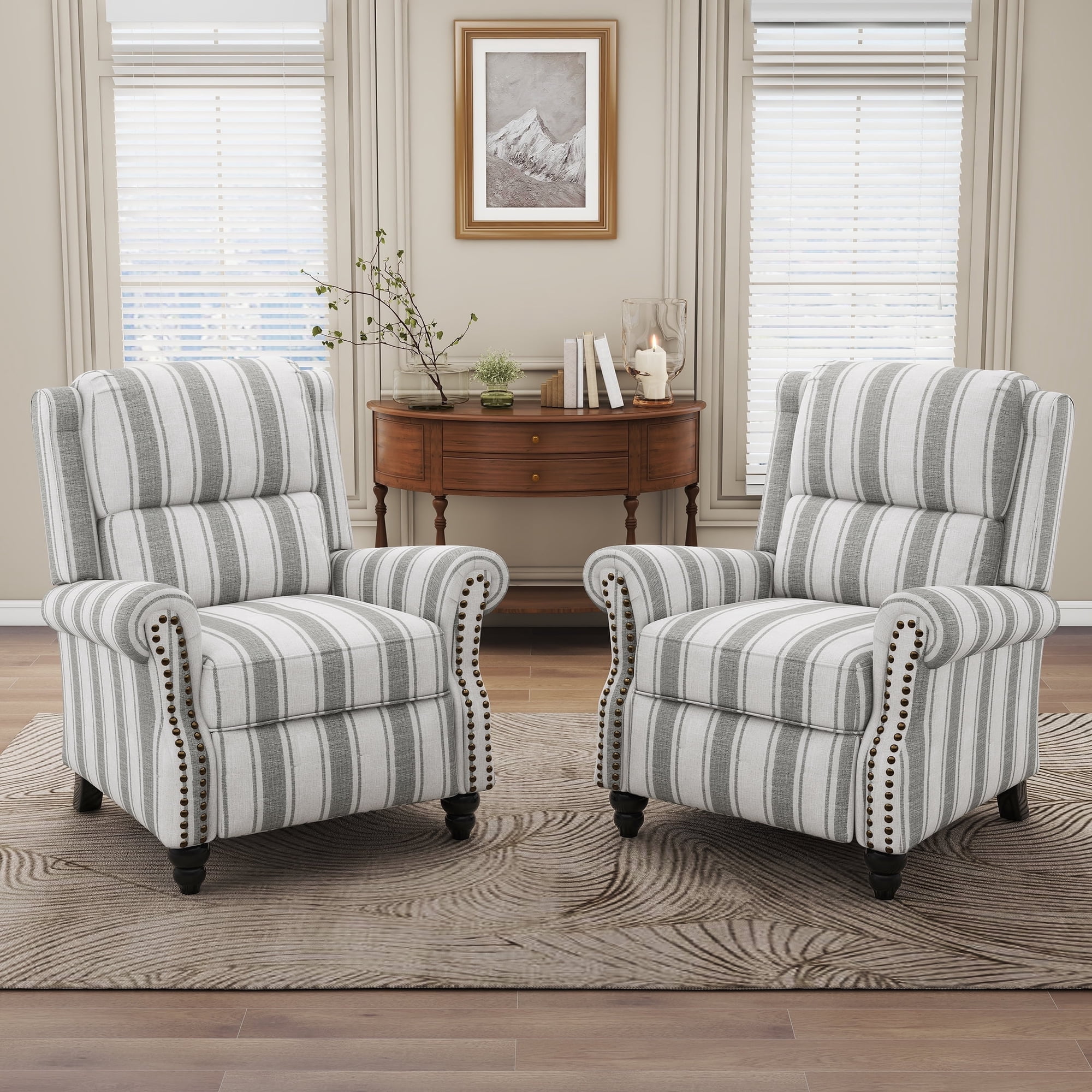 DREAMSIDEA Pushback Recliner Chair Sets of 2, Fabric Accent Armchair, Home Theater Overstuffed Single Sofa for Living Room, Stripe Gray