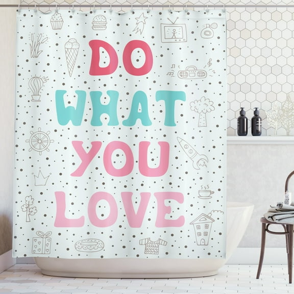 Love What You Do Shower Curtain, Retro Style Hand Drawn Doodle Composition with Ice Cream House and Rocket, Fabric Bathroom Set with Hooks, 69W X 75L Inches Long, Multicolor, by Ambesonne