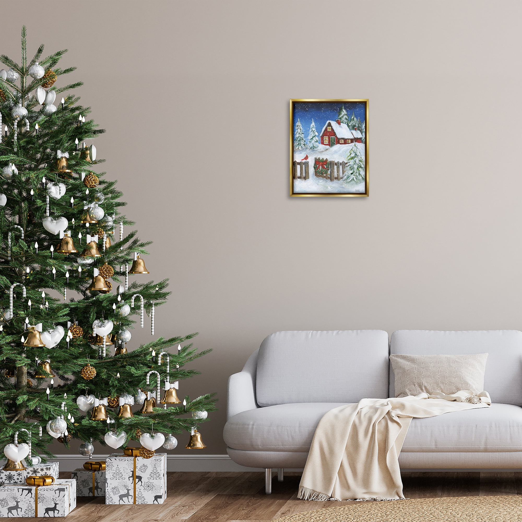 Stupell Industries Traditional Winter Scene Holiday Painting Gold Floater Framed Canvas Art Prints Wall Art, 17 x 21