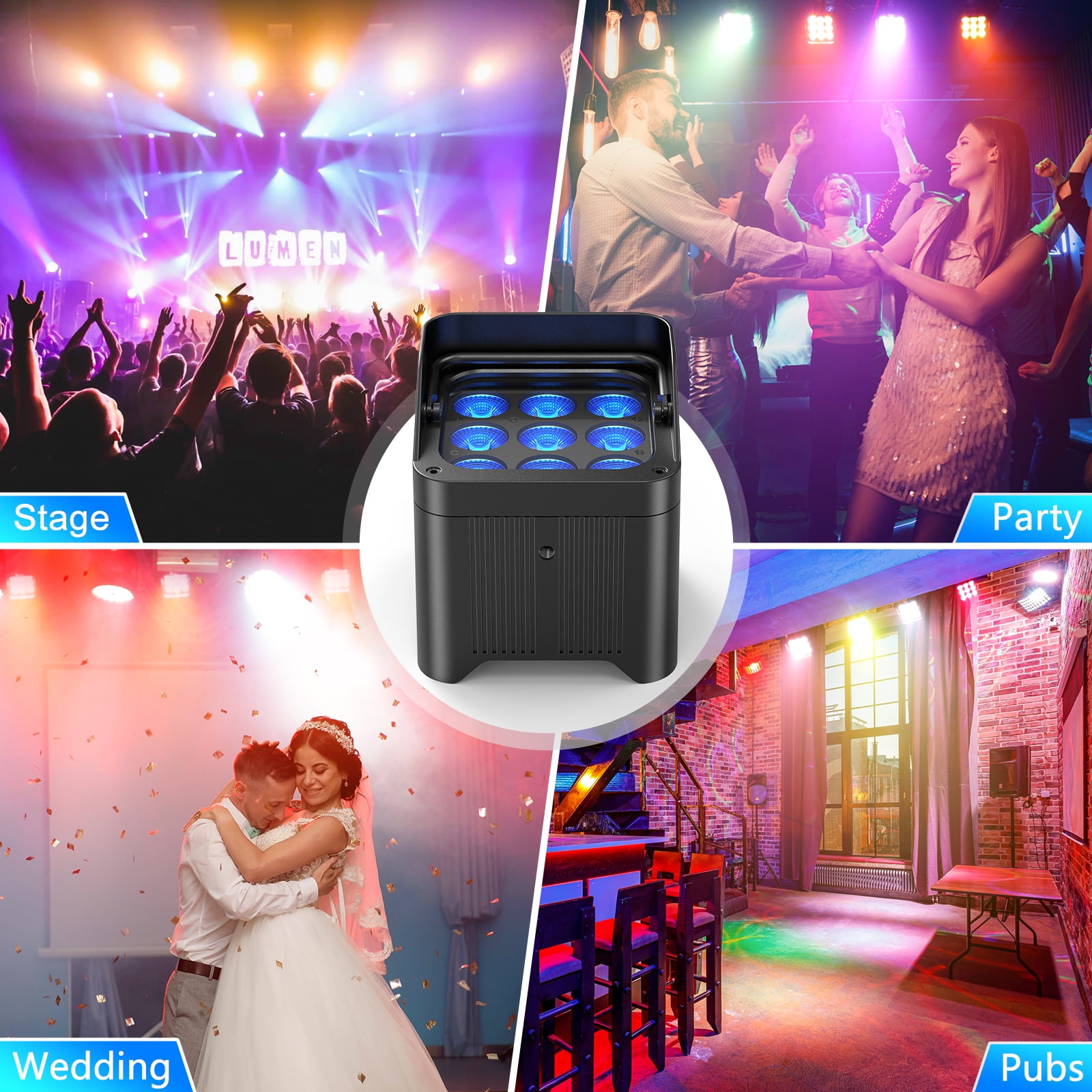 Battery Rechargeable Stage Par Lights, 9X18W RGBW+UV 6-IN-1 8800 mAh Remote/APP/DMX512 Control for Wedding Birthday Christmas Holiday Party Stage Lighting