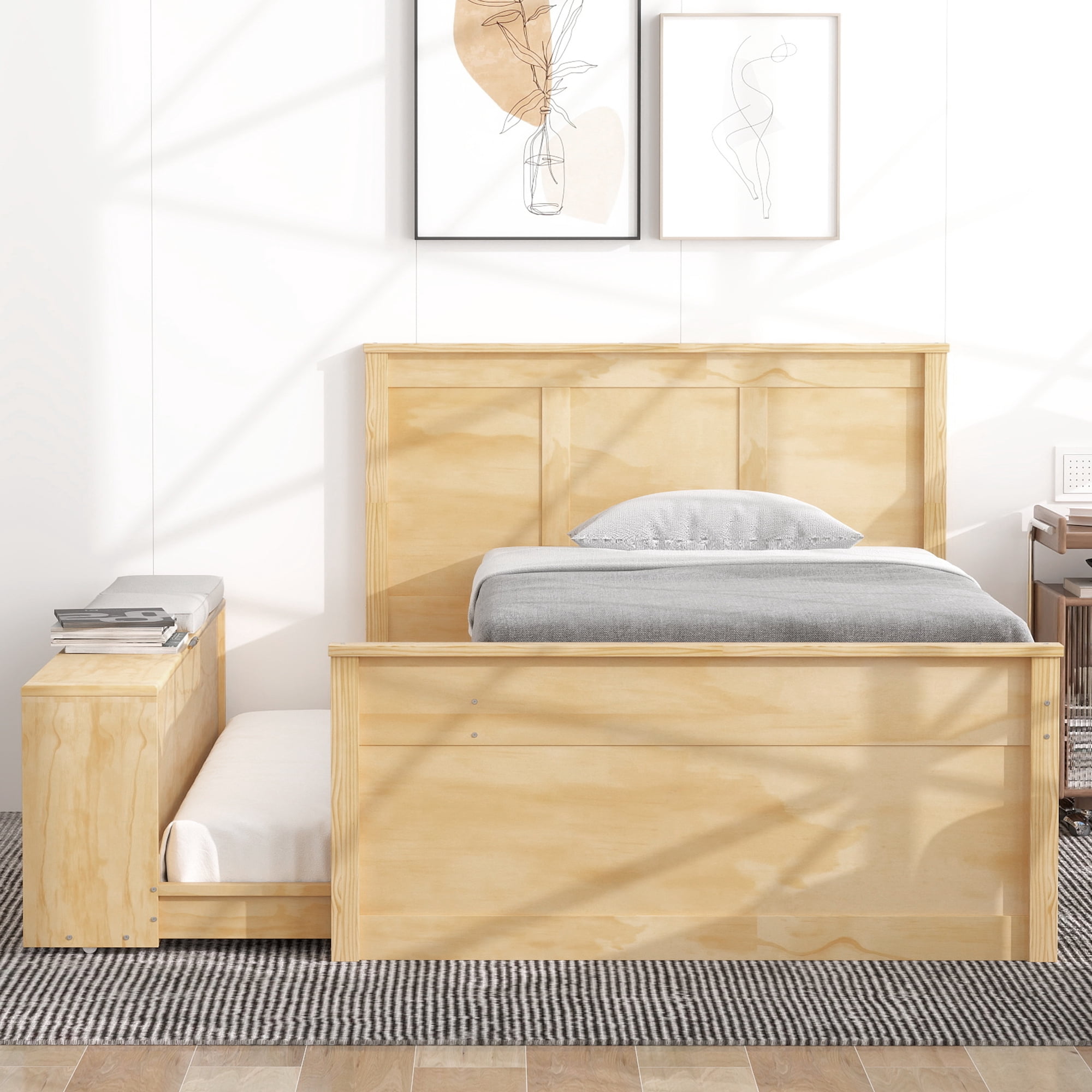 Mintazer Twin Platform Bed with Pull-Out Trundle, Modern Bookcase Bed with Storage Cabinet, No Box Spring Needed, Natural