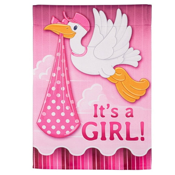 Evergreen Suede Textured Garden Flag - Stork with Special Delivery, Girl, 12.5 x 18 inch Double Sided