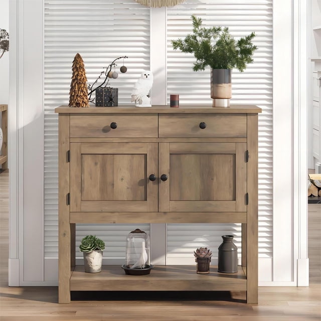 Homfa Table Console Style Ferme avec 2 Tiroirs et Armoire à 2 Portes, Table de Sofa Table d'Entrée avec Tablette de Rangement pour Salon, Couloir, Brun