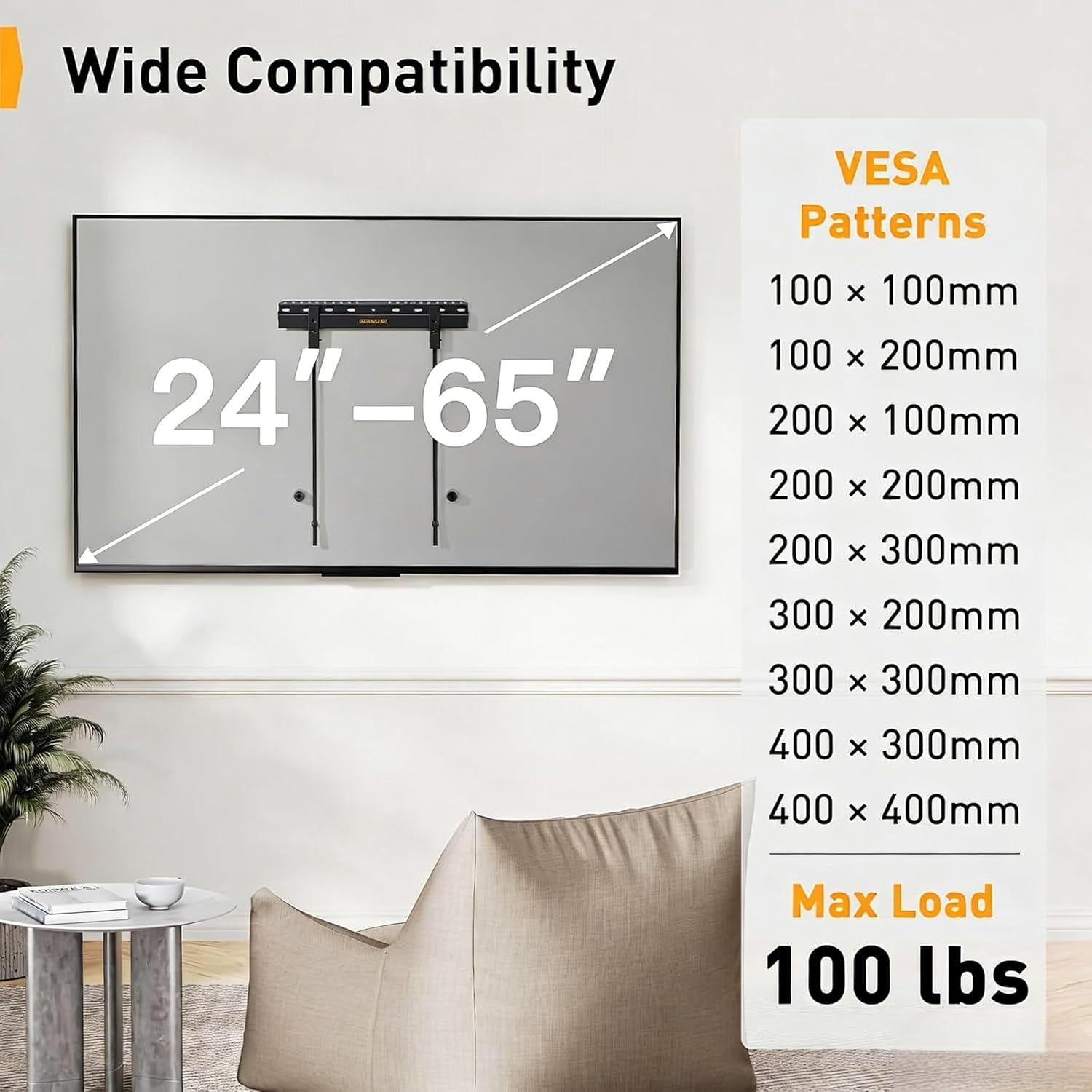 No Drill TV Wall Mount for Most 24-65 Inch TVs up to 100 lbs, Studless TV Mount, Drywall TV Bracket with Max VESA 400x400mm, No Stud, Easy Install, Low Profile, PGMT7