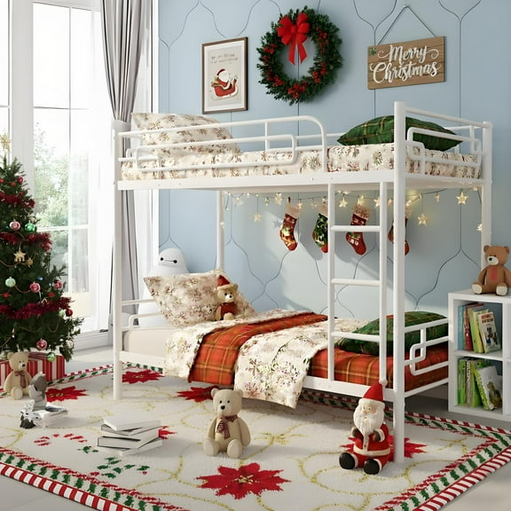 Kacho Metal Bunk Bed, Twin Over Twin Bunk Bed with Full-Length Guardrail and Ladder, Convertible Into 2 Individual Beds, Twin Bunk Beds for Adults, Teens, Space-Saving Bunk Bed Frame for Bedroom