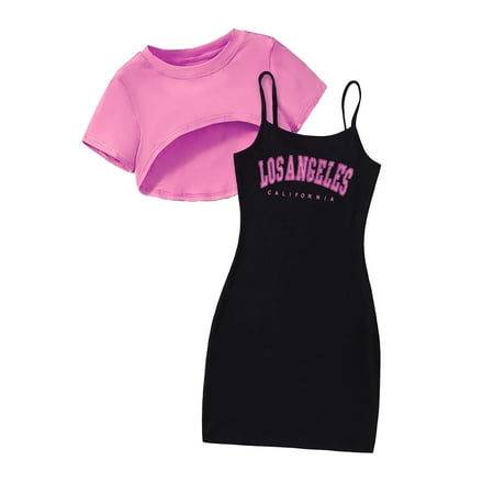 Big Girls Casual Outfit Sets Letter Printed Long Dress Solid Color Short Sleeve Two Piece Girls Summer Clothing Sets Cute Shorts Set Hot Pink 8-9 Years
