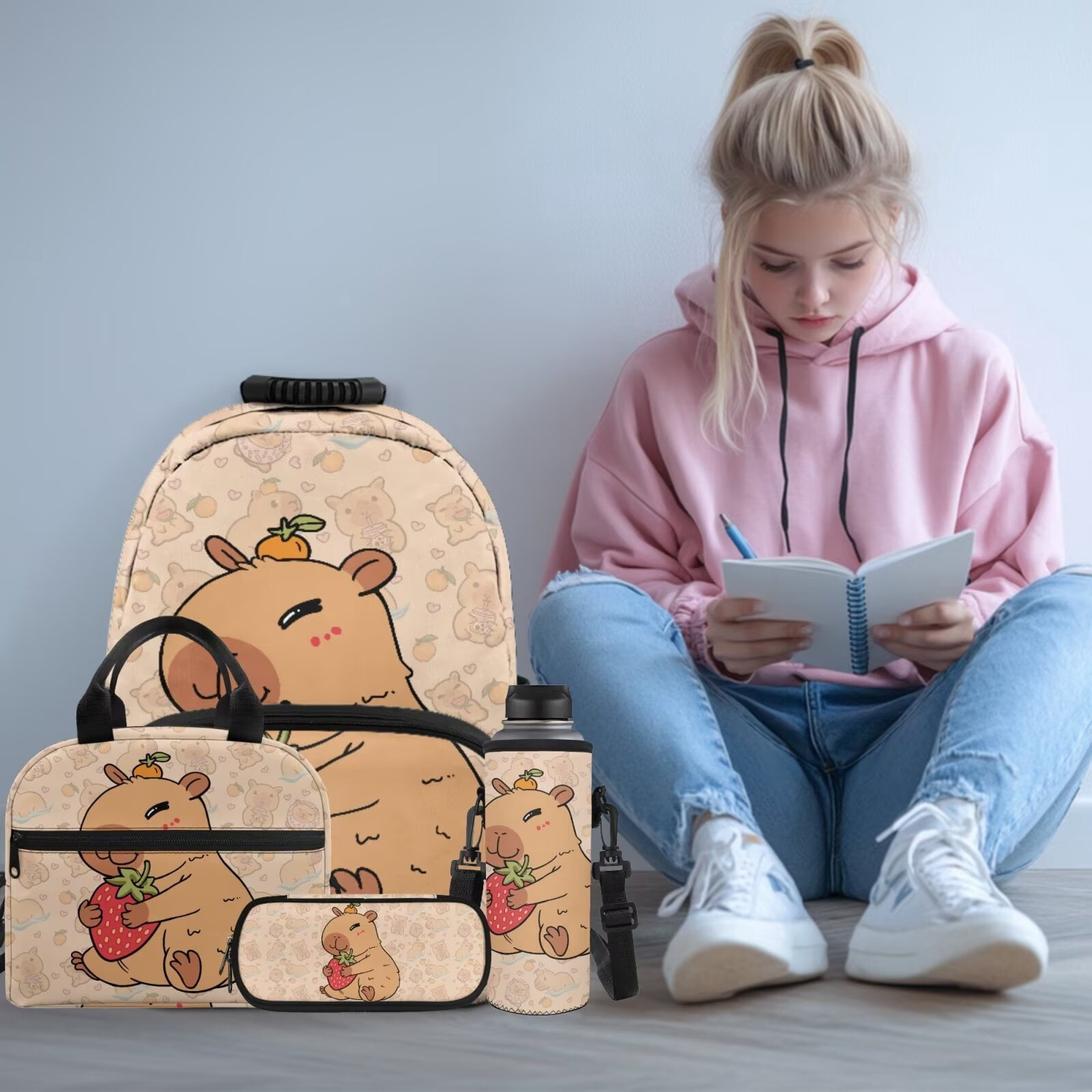 Pzuqiu Strawberry Capybara 4 Piece Back Pack for School Girls Kids Backpacks for Girls Lunch Bag with Pencil Bag Water Bottle Holder Travel Daypack Camping Schoolbag 17 Inch