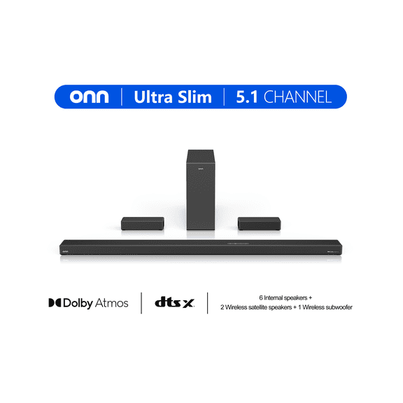 onn. 5.1 Ultra-Slim Surround Soundbar System with Dolby Atmos, Wireless Subwoofer and Wireless Satellite Speakers, 36"