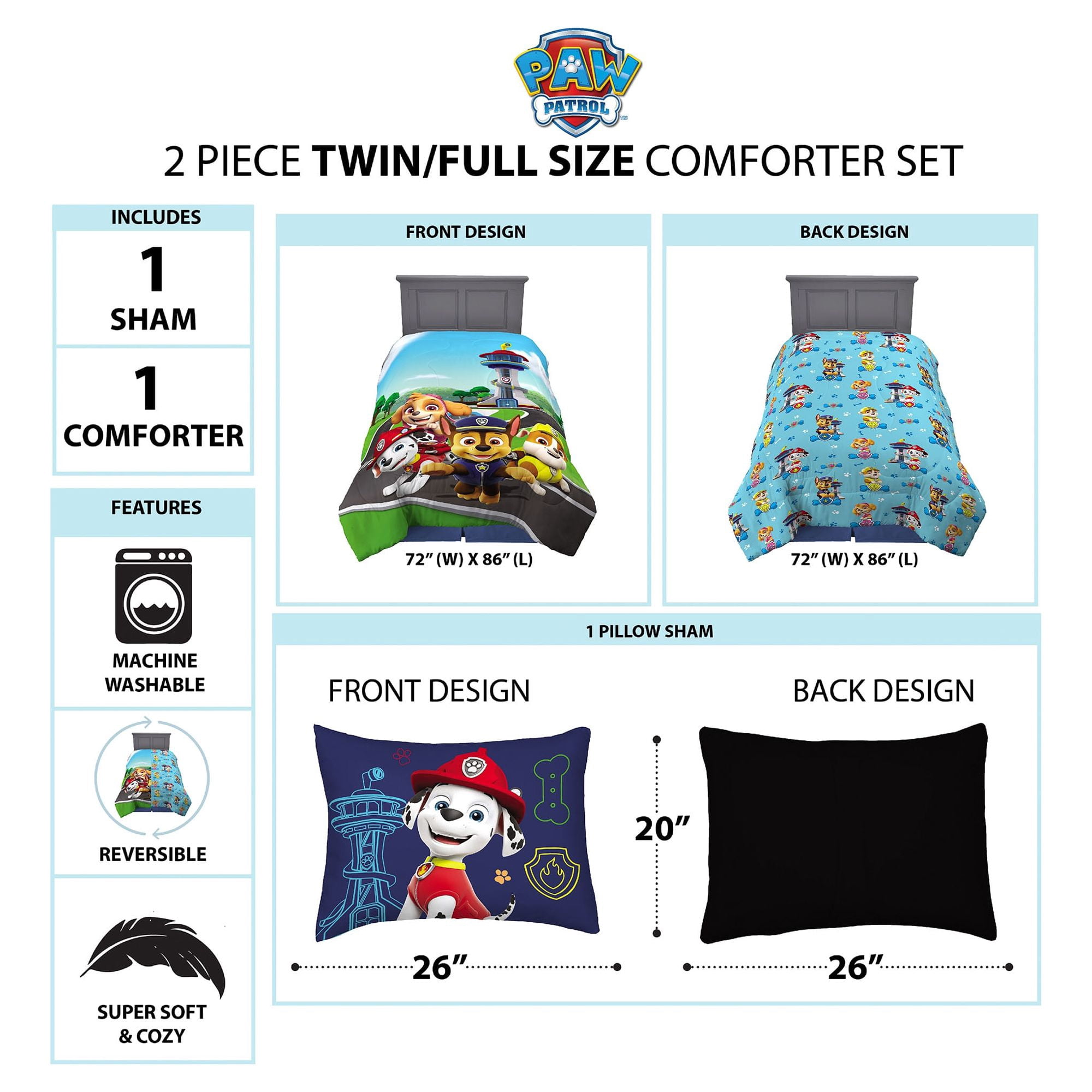 Paw Patrol Kids 2-Piece Twin/Full Comforter Set, Reversible, Microfiber
