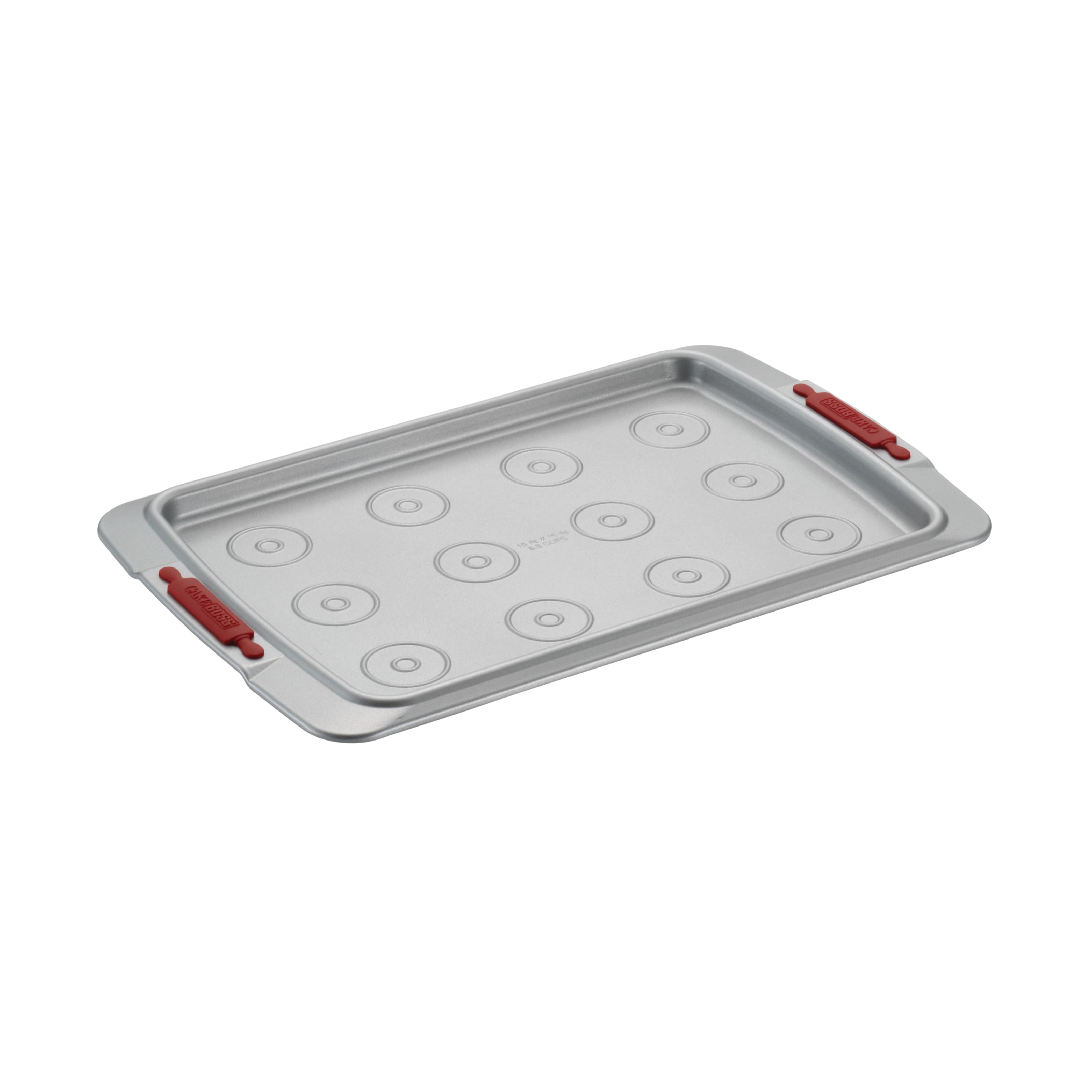 Cake Boss Deluxe Nonstick Bakeware 10-Inch by 15-Inch Cookie Pan with Drop Zones, Gray with Red ...
