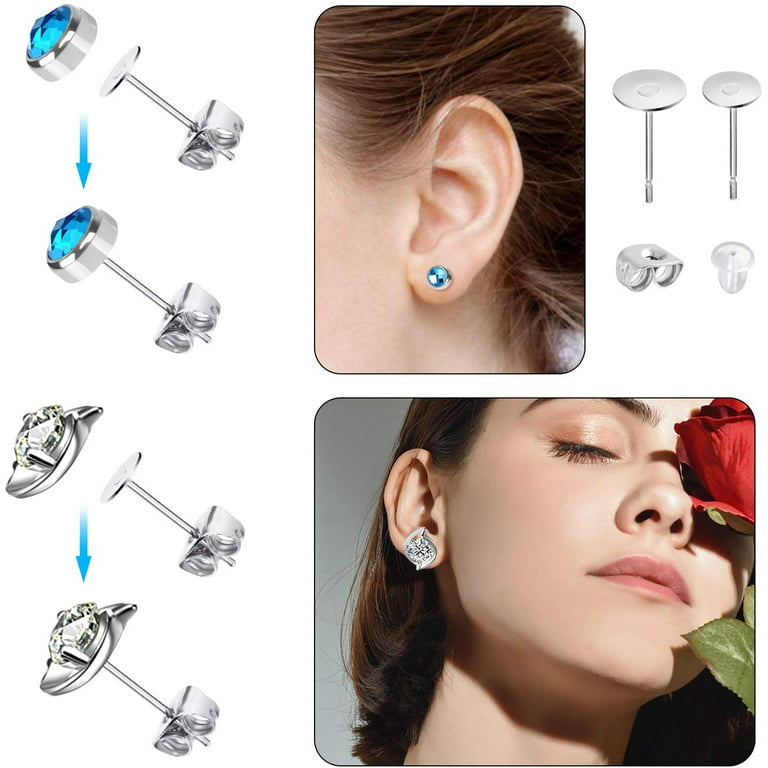 600 PCS 5MM Hypoallergenic Stainless Steel Earrings Posts Flat Pad Blank  Earring Pin Studs with Butterfly Earring Backs and Silicone Bullet Earring