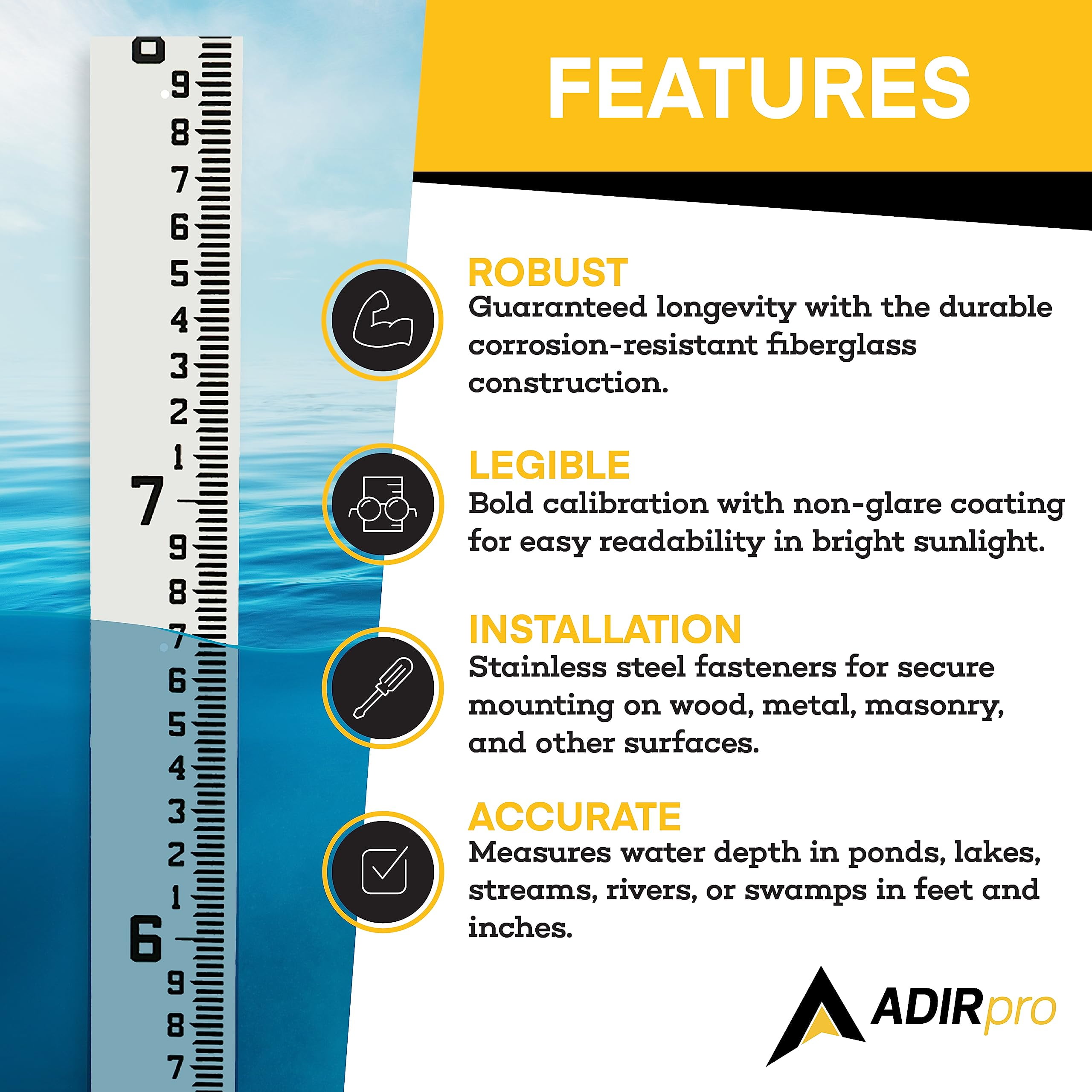 AdirPro 4" Wide Stream Gauge - Heavy Duty Staff Gauge - All Weather Gauge - Water Depth Gauge (100ths/10ths/feet) (4-8')