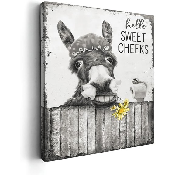 VELVET Farmhouse Donkey Bathroom Decor Wall Art Funny Farmhouse Donkey Bathroom Picture Black and White Donkey Painting Rustic Wall Décor for Bathroom Toilet Artwork 16x20inch Framed