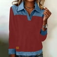 thumbnail image 2 of SELONE Collared Sweatshirts for Older Women Denim Patchwork Tops Long Sleeved Casual Shirt Color Block Pullover Red 2XL, 2 of 8