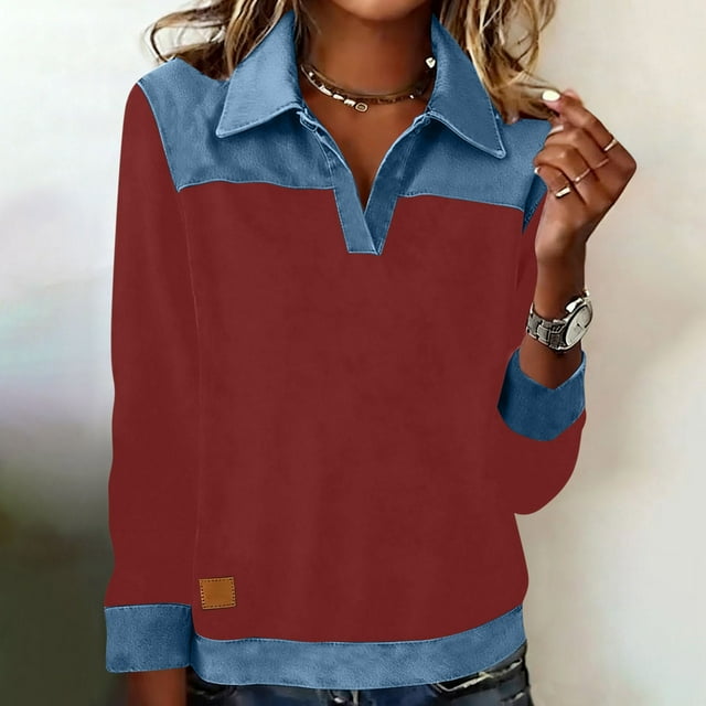 Nuoqisi Oversized Shirts for Womens Cozy Spring Summer Tops Tunic Collared Denim Polo Patchwork Pullover Long Sleeve Round Neck Sweatshirt