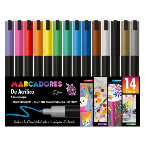 Berry Hip Marcadores Acrílicos, 14 Piezas, Punta Fina de 1 mm, con Agitador Interno. Tinta Permanente para Manualidades: Vidrio, Madera, Tela, Piedra, Plástico, Papel. Secado Rápido y Colores Vivos