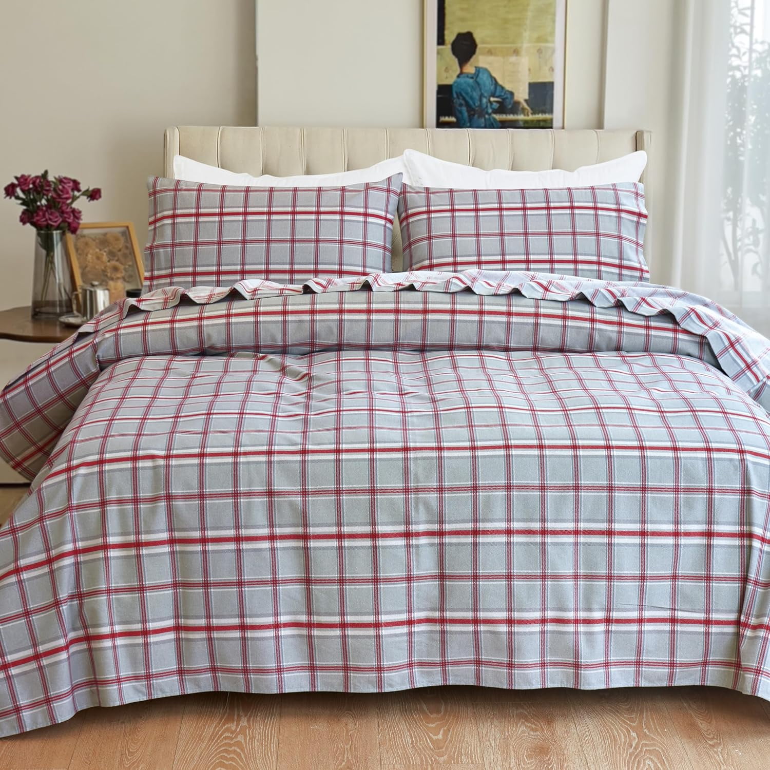 Elegant Comfort Soft 4-Piece Cotton Flannel Sheet Set -Deep Pocket Fitted Sheet, Flannel Sheets - Queen, Plaid Gray