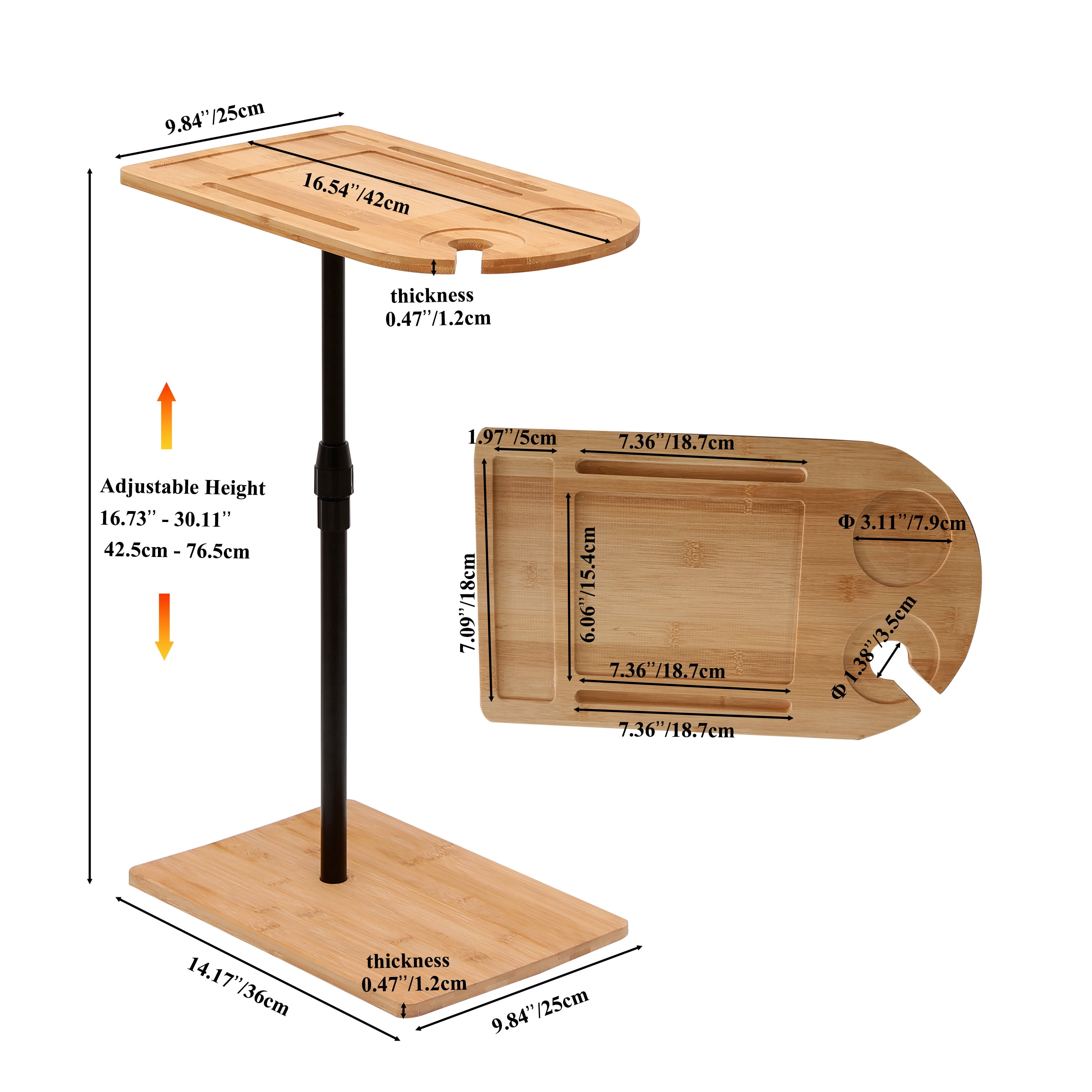 Yoneston Natural C-Shaped End Table Rotating Adjustable Height Couch Tray Table Bedside Table with Wine Slots & Phone Holder for Bed Sofa Bathtub, Oval