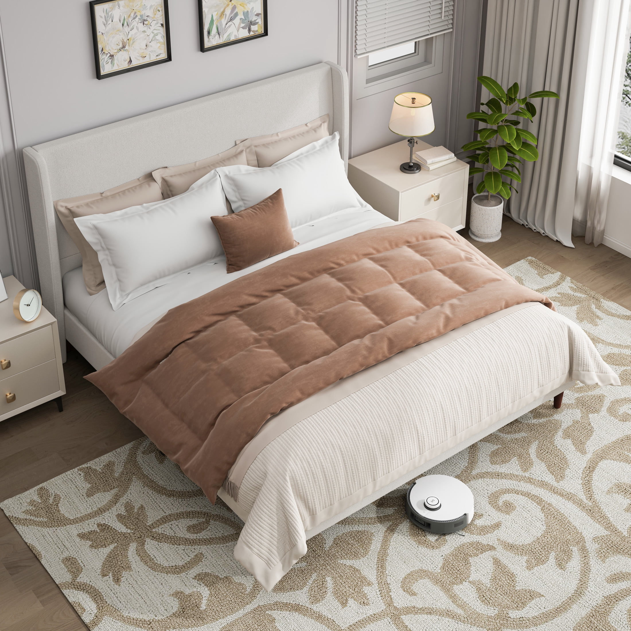 GDF Studio King Size Chenille Upholstered Bed with High Headboard & Wood Slat Support, Ivory White