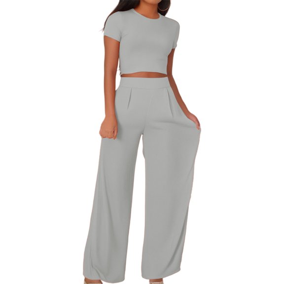 Women's Casual Short Sleeve Two Piece Outfit Summer Spring Fall Everyday Comfortable Pure Color Tops And Bottoms Set With Heels