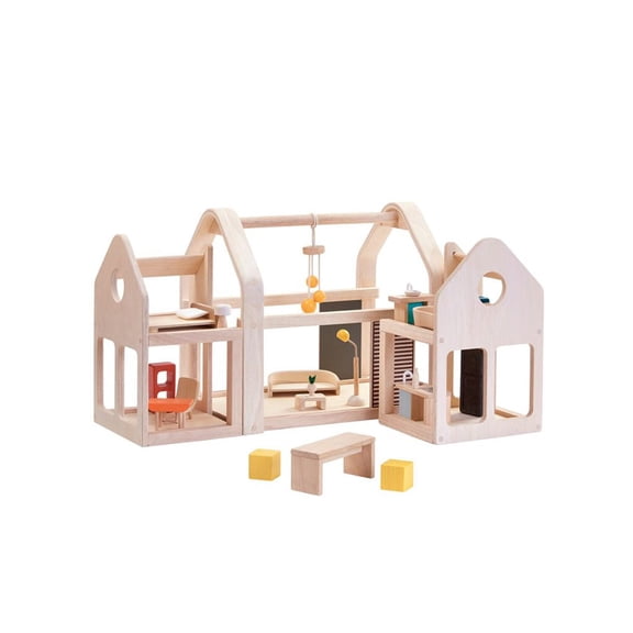 PlanToys® Slide N Go Wooden Dollhouse | Portable Modular Doll House with Sliding Units, 20-Piece Furniture Set & Open Layout | Pretend Play Dollhouse Compatible with 1:12 Scale Accessories