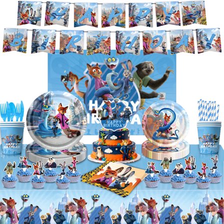 Zootopia birthday party supplies and decorations include birthday banners, backdrops, tablecloths, and tableware suitable for children's parties.