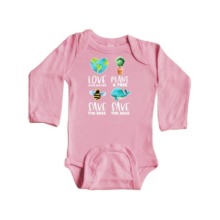 

Inktastic Earth Day Plant a Tree Save the Bees Save the Seas Love Your Mother Earth Gift Baby Boy or Baby Girl Long Sleeve Bodysuit