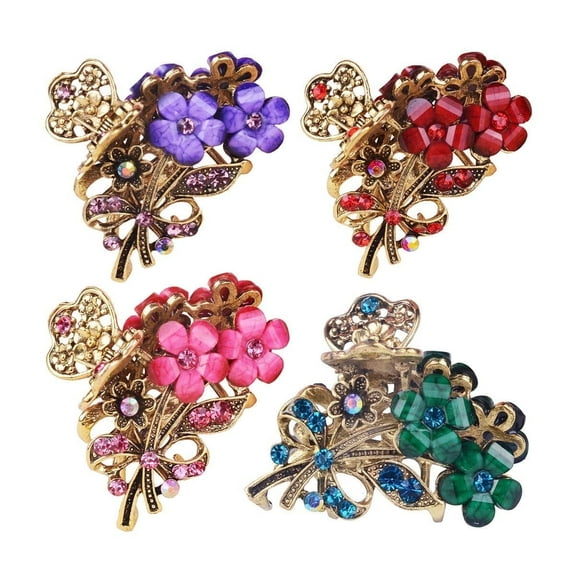 4 Pcs Vintage Flowers Medium Size Fancy Hair Claw Jaw Clips Pins with Rhinestone - Chic Metal Alloy Hair Clamp Hair Updo