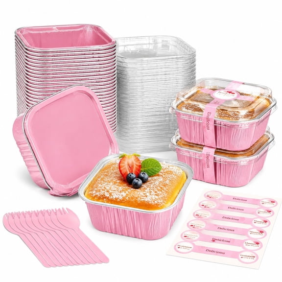 50 sets 5oz Cake Pans with Lids Set, Disposable Aluminum Foil Baking Cups - 3.5''x3.5'' Mini Cupcake Pans for Weddings, Birthday, Party