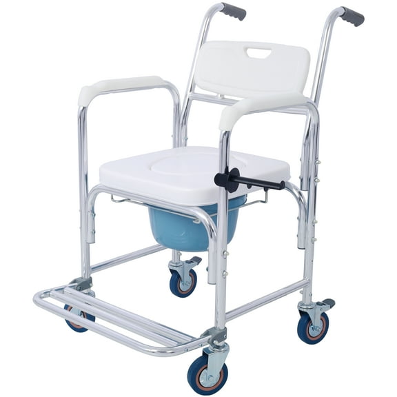Olurrisa 4 in 1 Bedside Commode Chair, Transport Shower Wheelchair Toilet Rolling Transport Chair with 4 Brakes Casters,Tissue Holder,Crutch Holder for Elderly Injured and Disabled