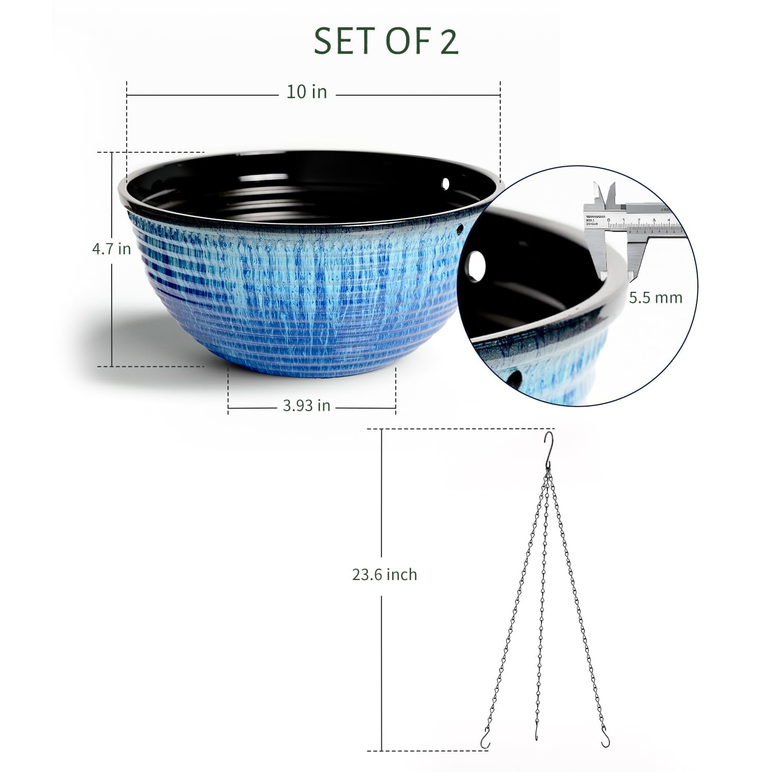 2 Pack Hanging Planters for Indoor Outdoor Plants, 10 Inch Hanging Planter with Drainage Hole & Plug Glazed Hanging Baskets Flower Pots for Garden Home (Blue Glaze)