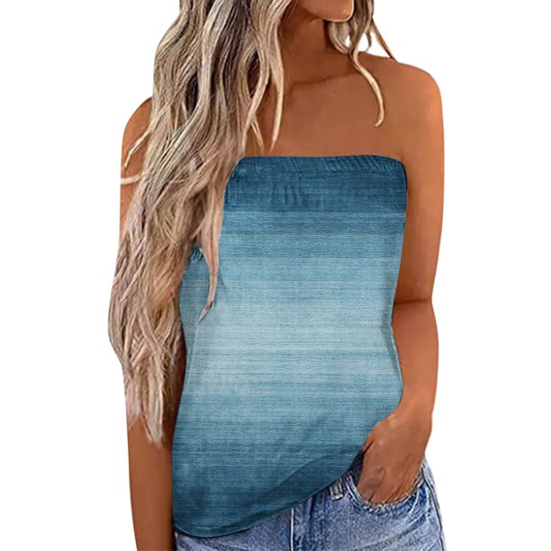 Gibobby Mujeres Pringting sin tirantes Bandeau Tank Casual sin mangas verano vacaciones suelta vacaciones Top camisa blusa mujeres Top(Azul claro,CH)