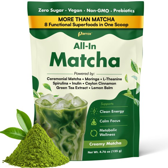Matcha en polvo Parrox grado ceremonial con moringa, 30 porciones