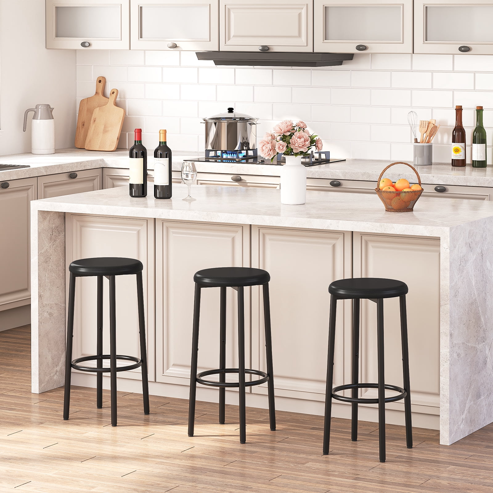 HOOBRO Round Bar Stools Set of 2, PU Upholstered Bar Stools, Bar Chairs with Footrest, Easy Assembly and Cleaning, for Kitchen, Dining Room, Cafe, Black BB30BY01