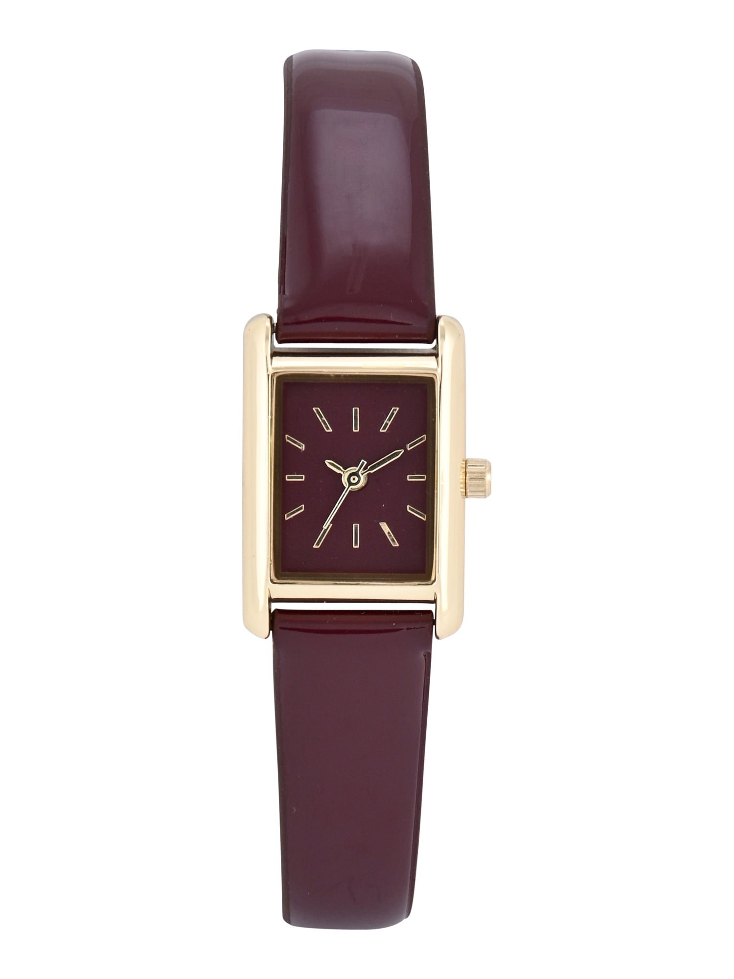 No Boundaries Adult Female Goldtone Rectangular Case Watch with Monochramatic Burgundy Patent Strap.