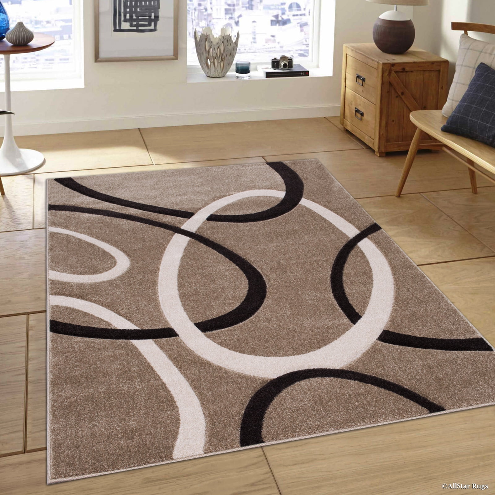 Allstar Brown / Beige Modern Geometric circle design Area Rug (5' 2" x
