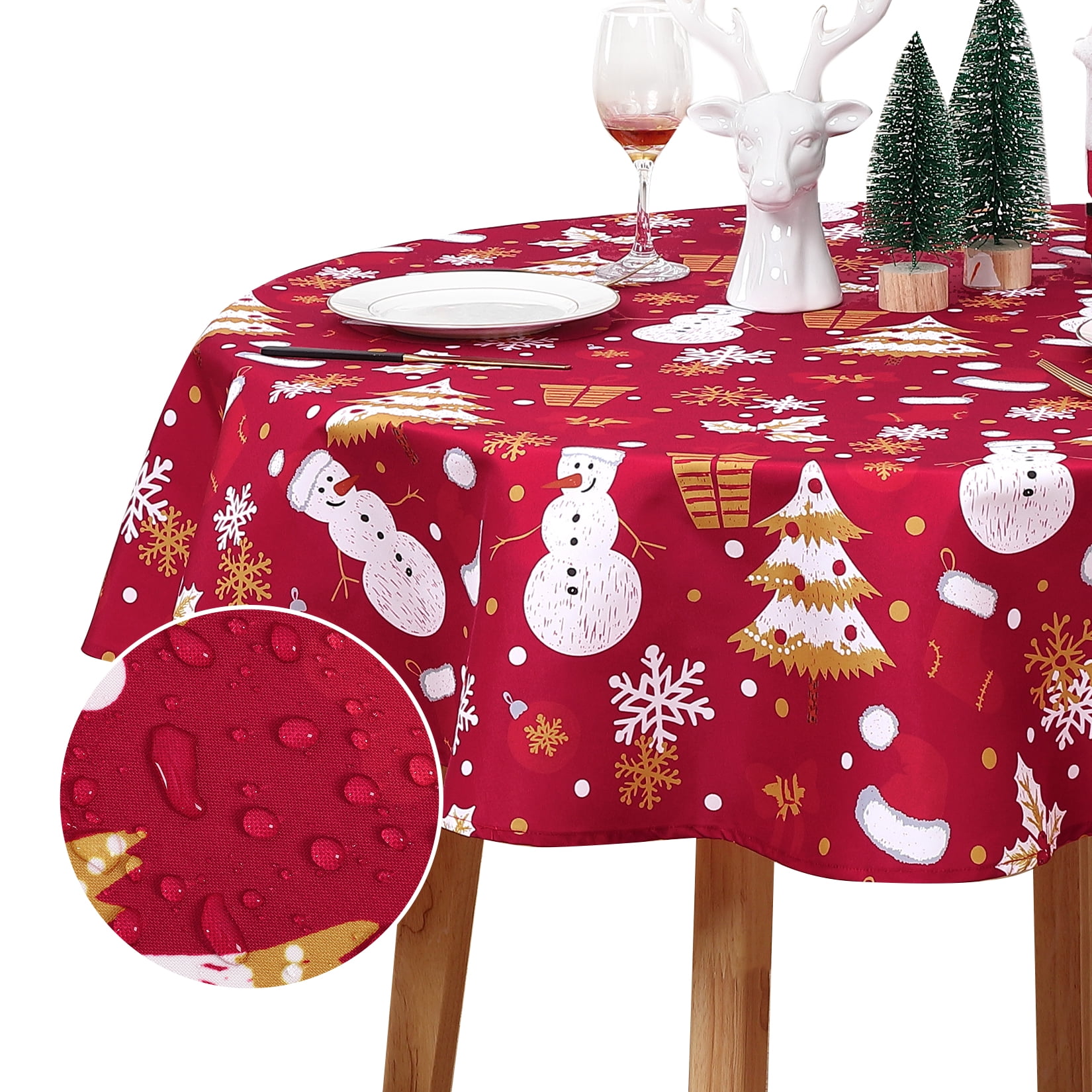 FairOnly 60" Round Christmas Tablecloth Waterproof Fabric Table Cover